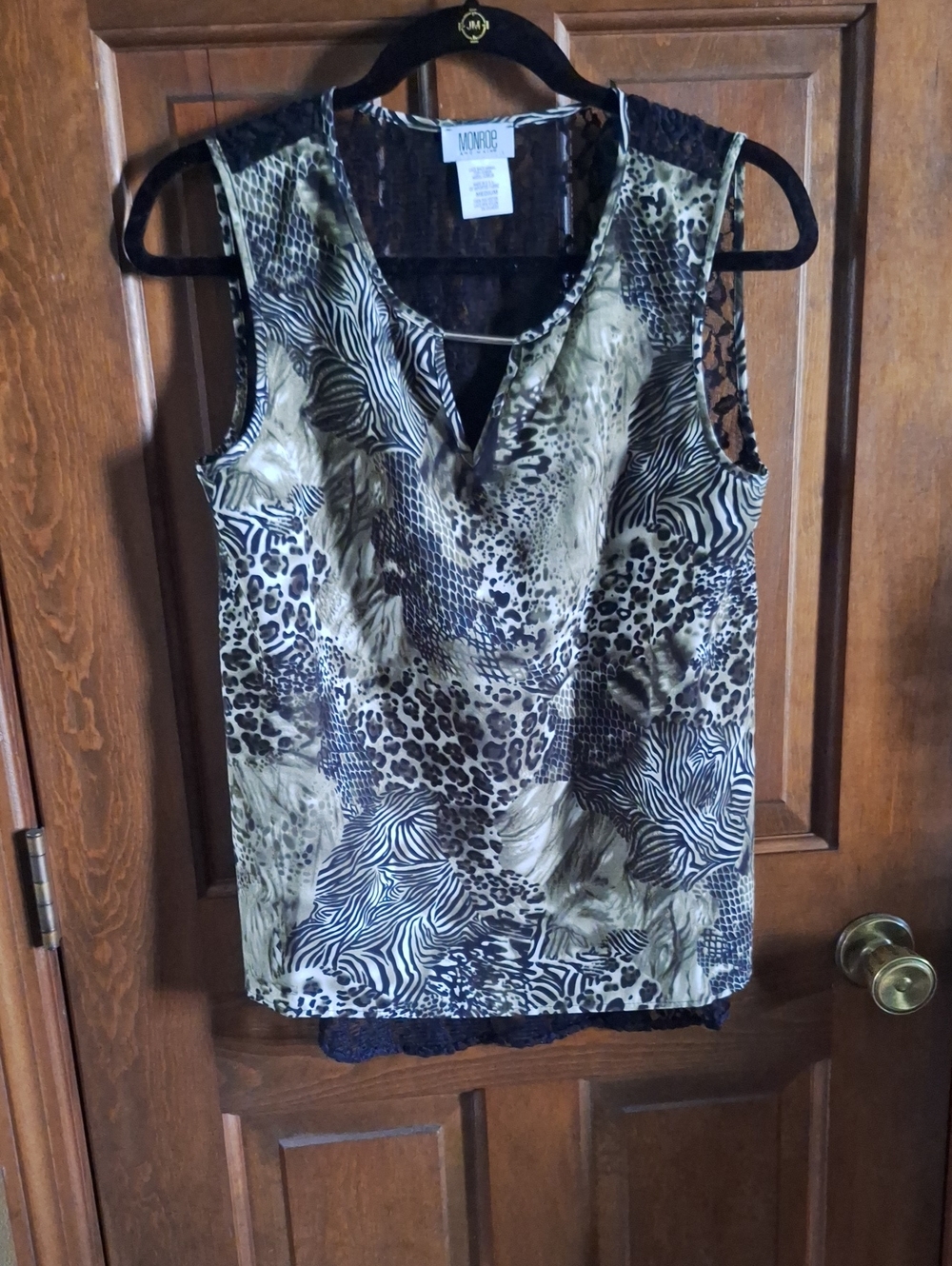 Monroe & Main Olive & Black Animal Print Sleeveless Top